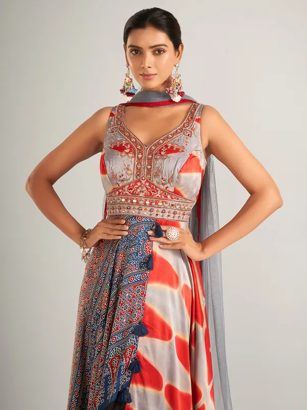 Stylish silk grey and red anarkali salwar suit