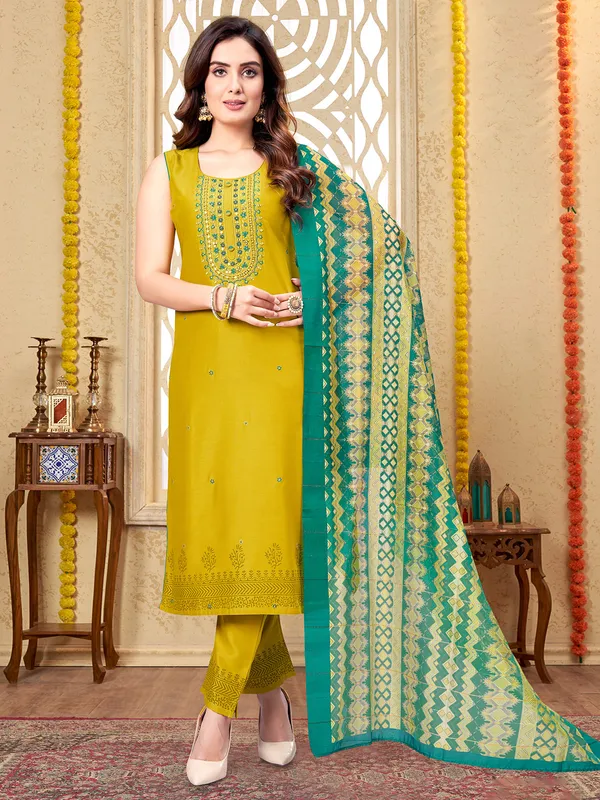 Stylish silk lime green salwar suit