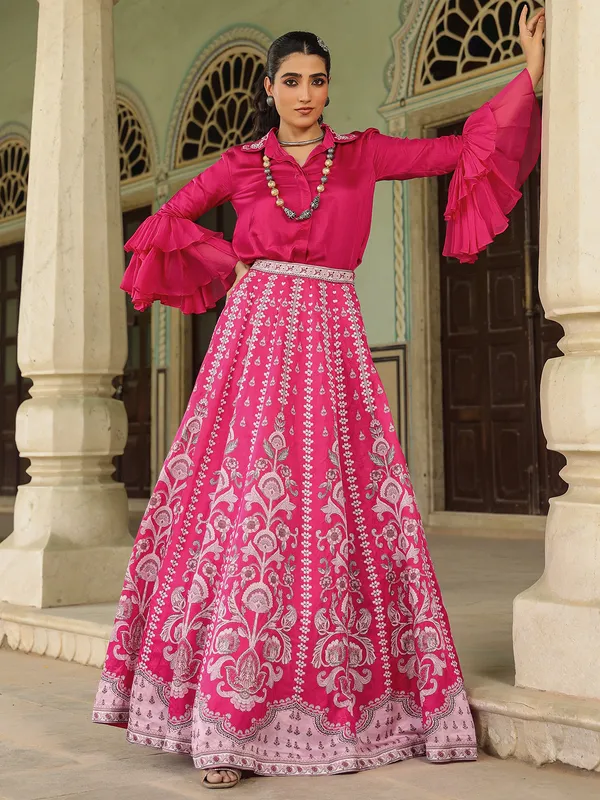 Stylish silk pink lehenga choli with print