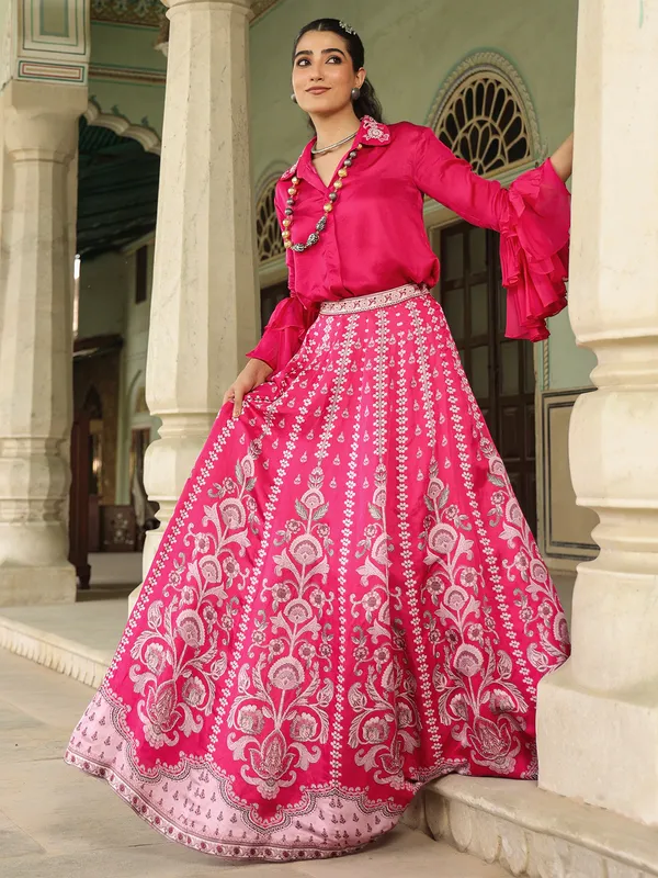 Stylish silk pink lehenga choli with print