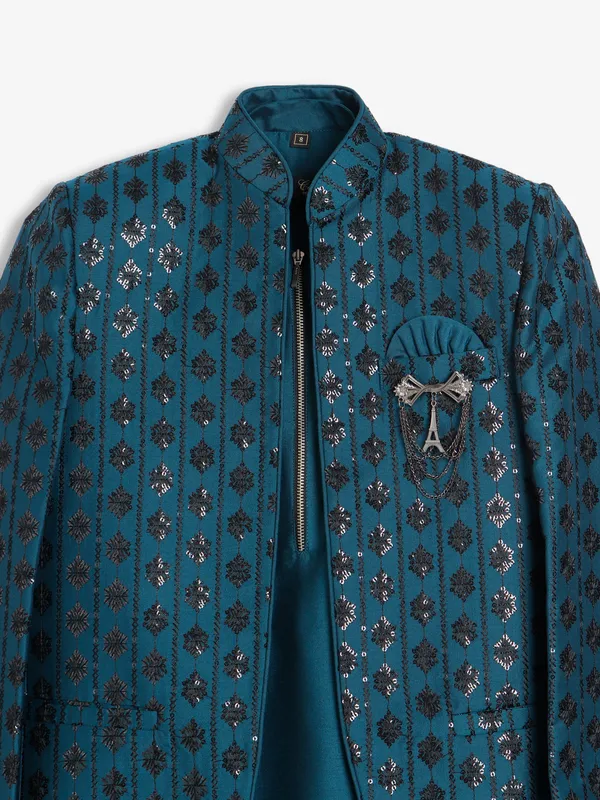 Stylish silk teal blue indowestern