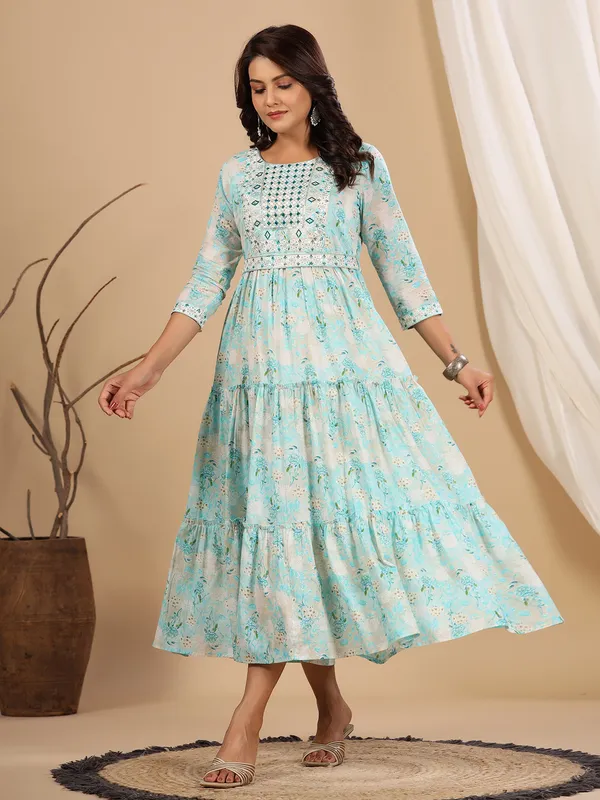Stylish sky blue cotton printed kurti