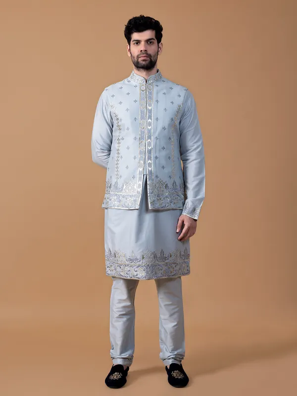 Stylish sky blue raw silk waistcoat set