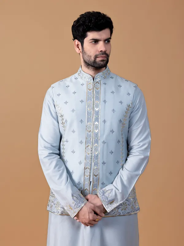 Stylish sky blue raw silk waistcoat set