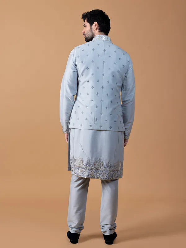Stylish sky blue raw silk waistcoat set