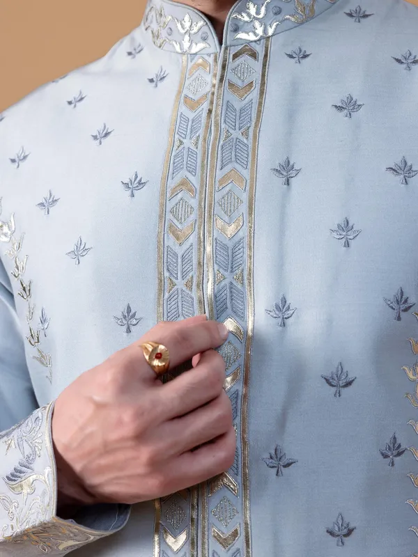Stylish sky blue raw silk waistcoat set