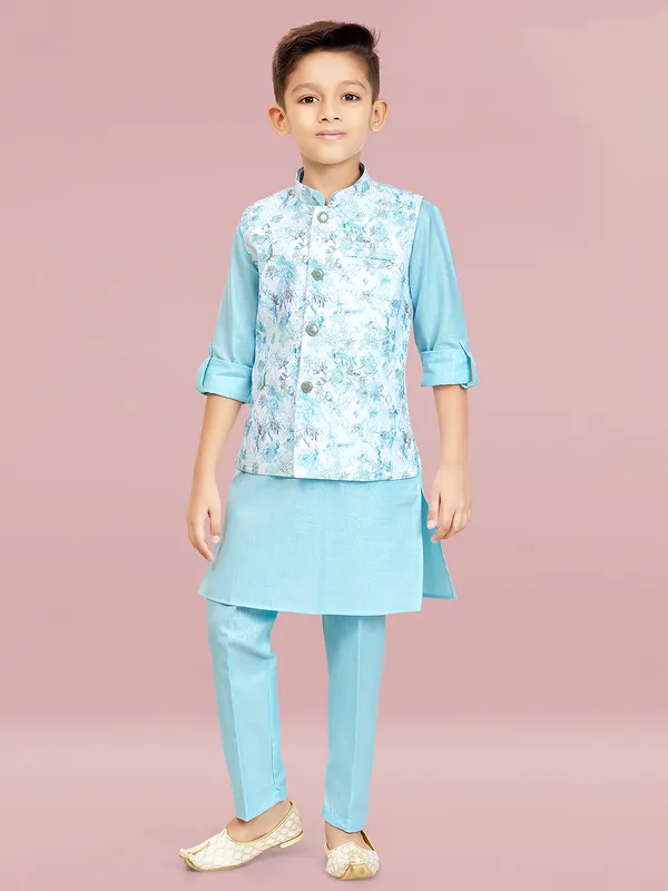 Stylish sky blue silk printed waiscoat set for boys