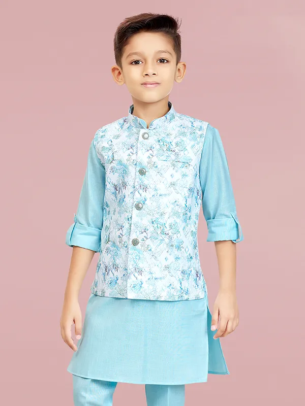 Stylish sky blue silk printed waiscoat set for boys