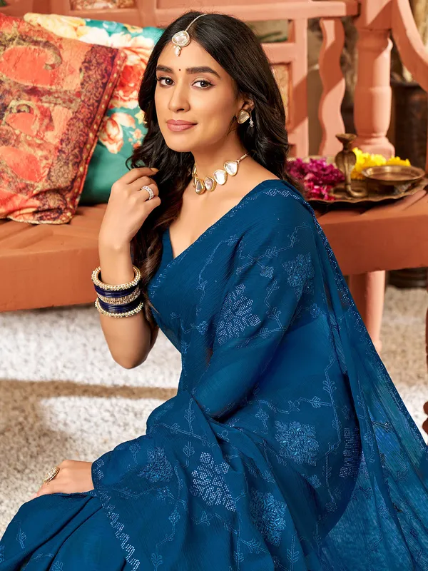 Stylish teal blue chiffon saree