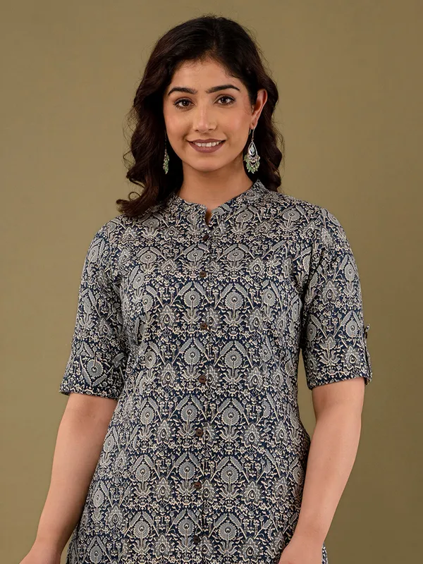 Stylish teal blue cotton printed kurti