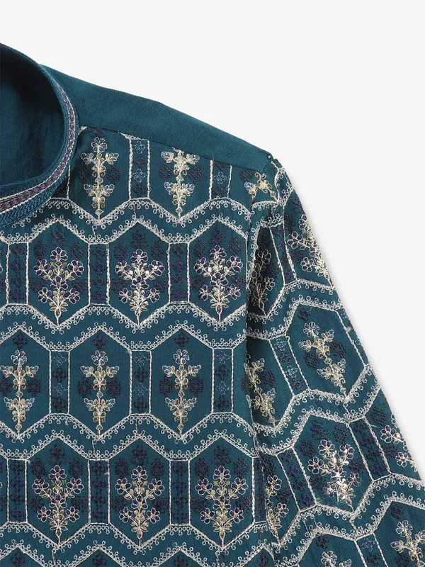 Stylish teal blue cotton silk kurta pajama