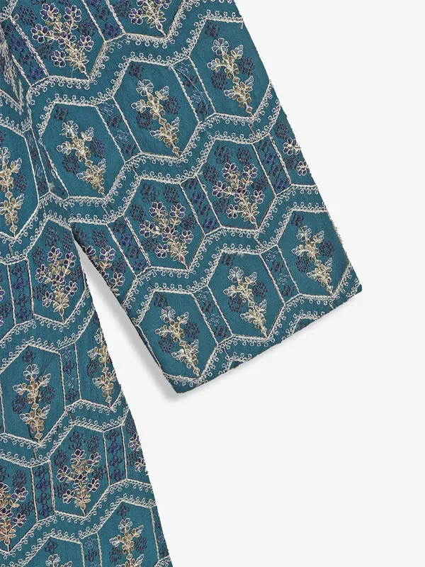 Stylish teal blue cotton silk kurta pajama