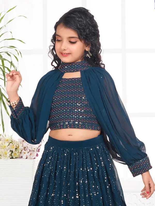 Stylish teal blue georgette lehenga choli