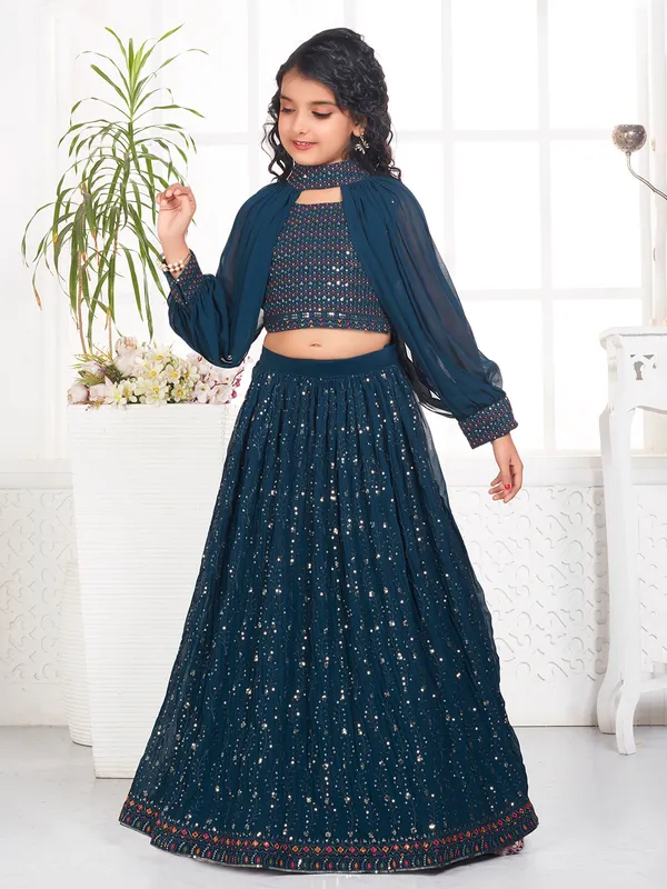 Stylish teal blue georgette lehenga choli