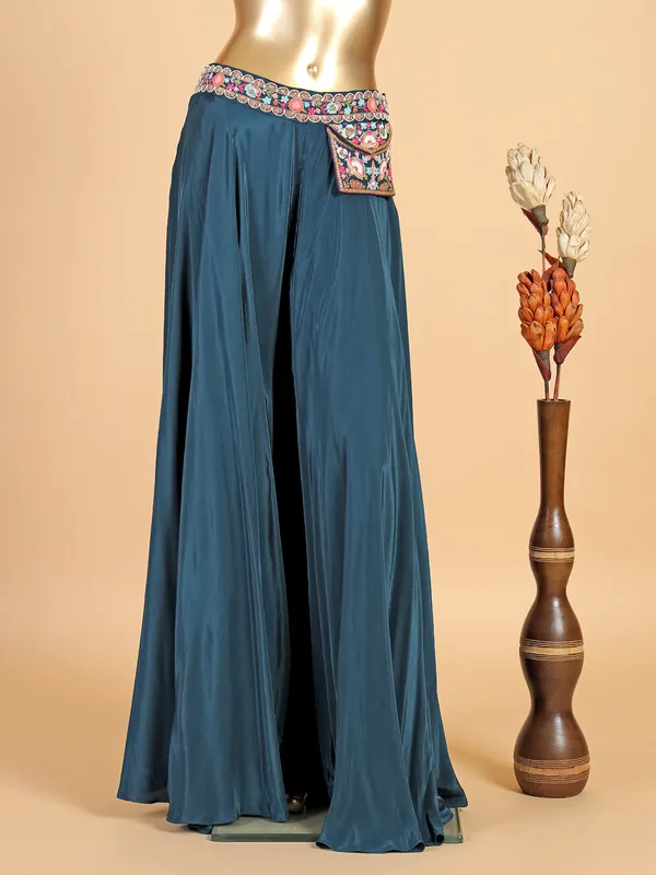 Stylish teal blue satin palazzo suit