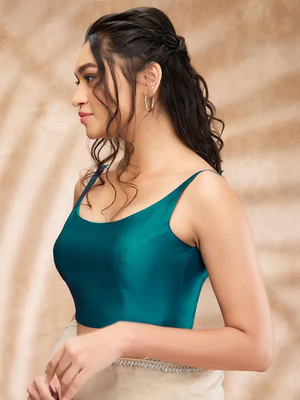 Stylish teal blue silk plain blouse