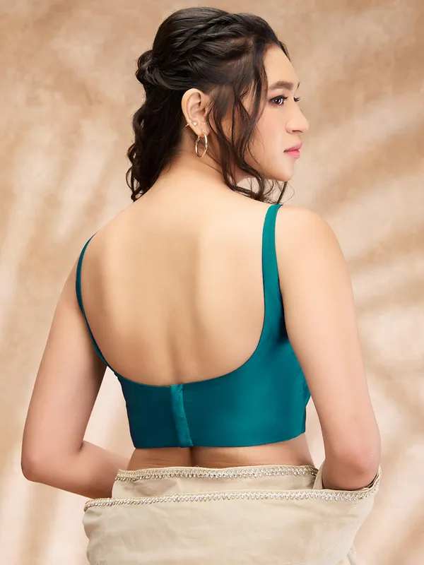 Stylish teal blue silk plain blouse