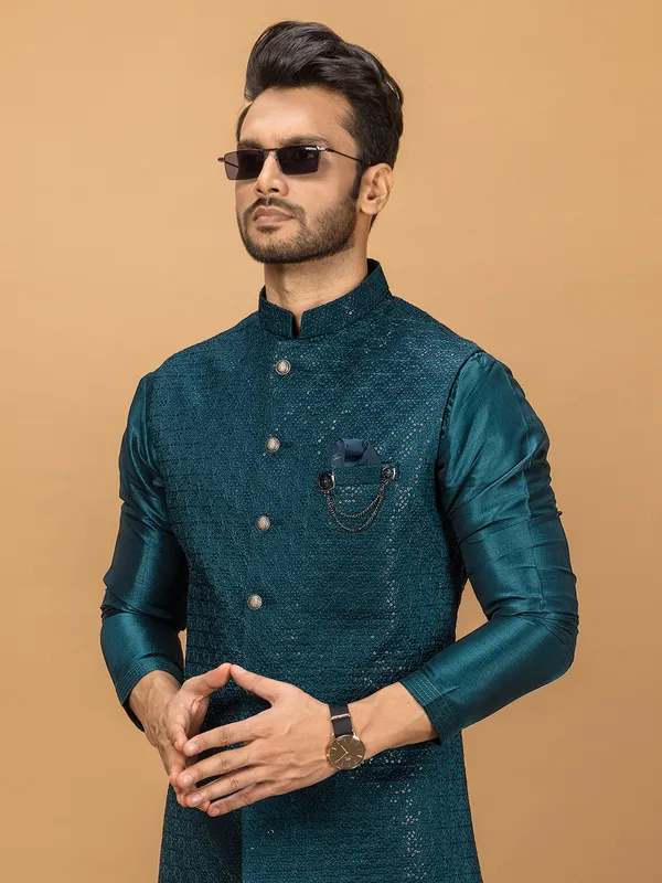 Stylish teal blue silk waistcoat set