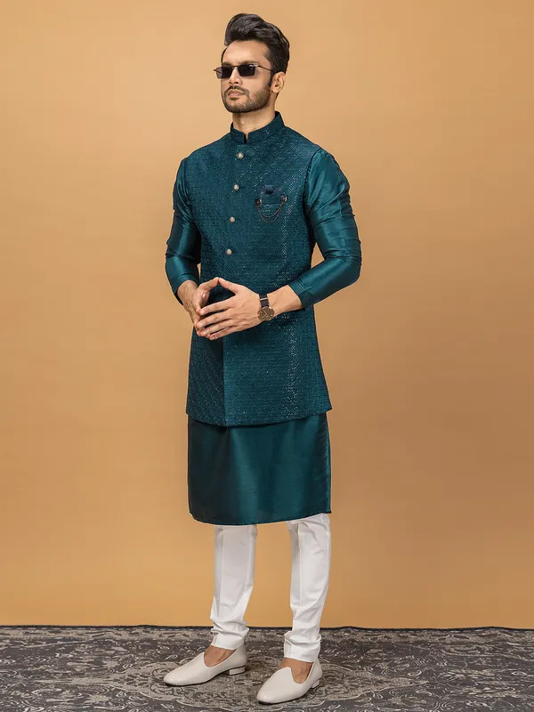 Stylish teal blue silk waistcoat set