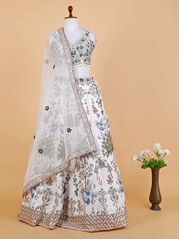 Stylish white silk embroidery lehenga choli