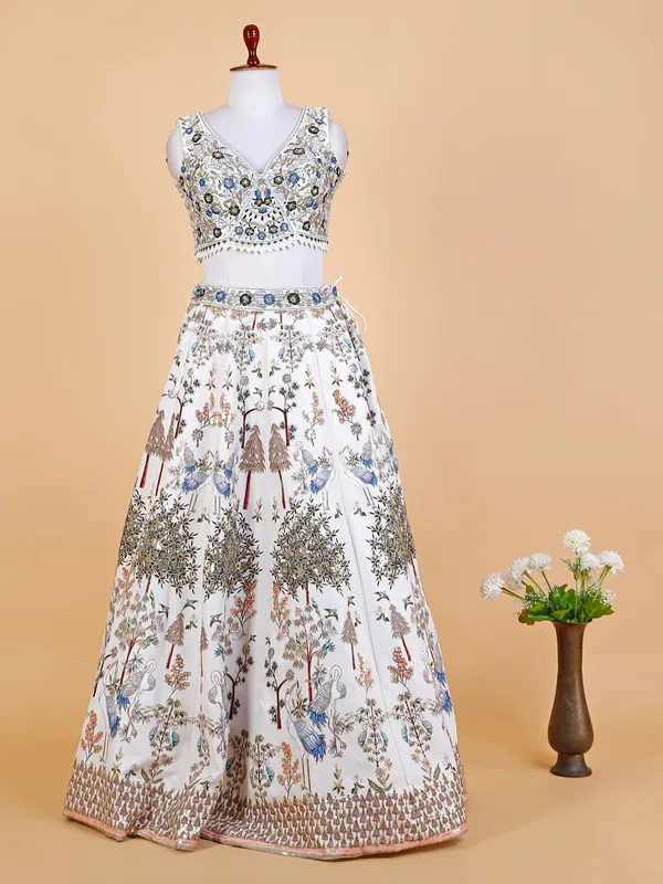 Stylish white silk embroidery lehenga choli