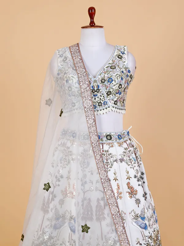 Stylish white silk embroidery lehenga choli