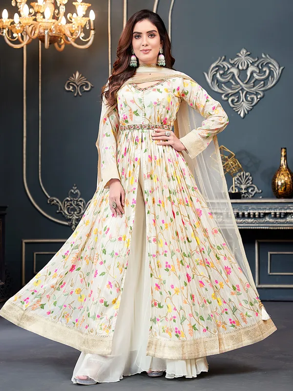 Stylish white silk embroidery palazzo suit
