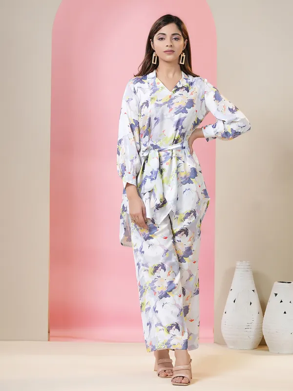 Stylish white silk printed co ord set