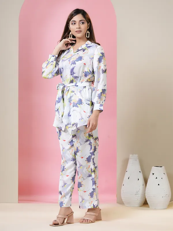 Stylish white silk printed co ord set