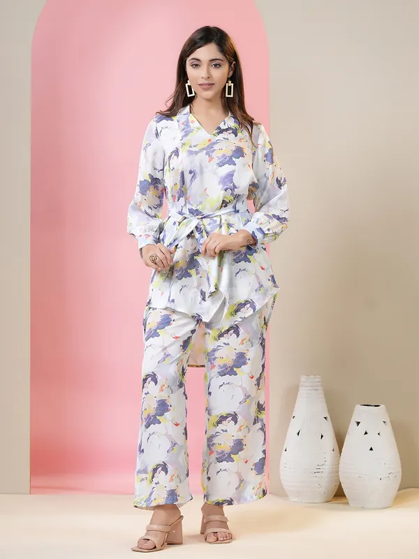 Stylish white silk printed co ord set