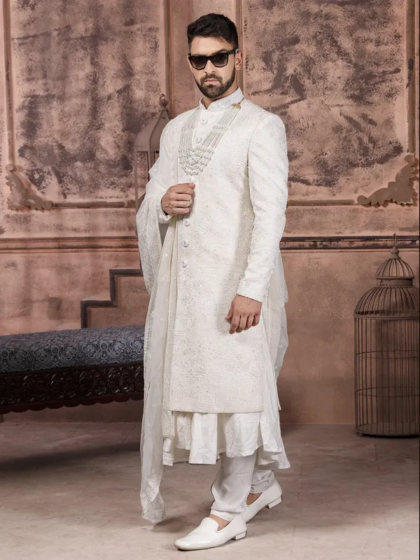 Stylish white silk sherwani