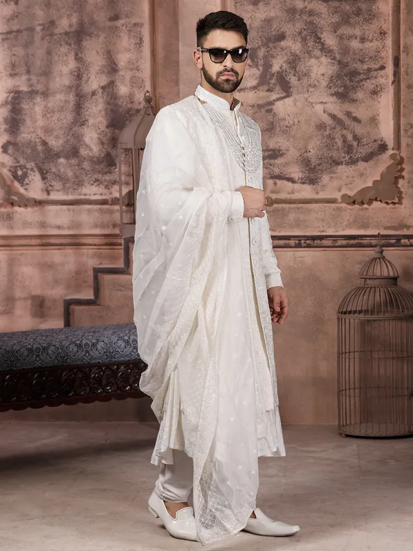 Stylish white silk sherwani