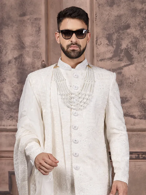 Stylish white silk sherwani