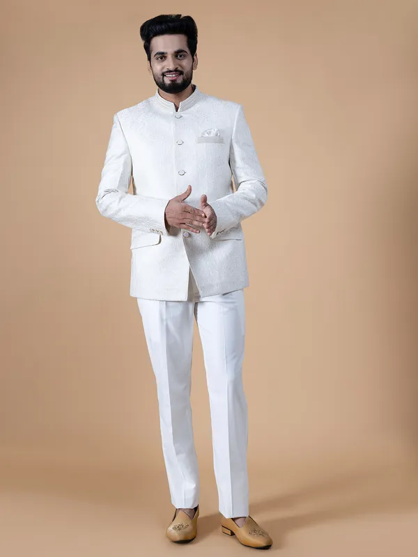 Stylish white terry rayon jodhpuri suit