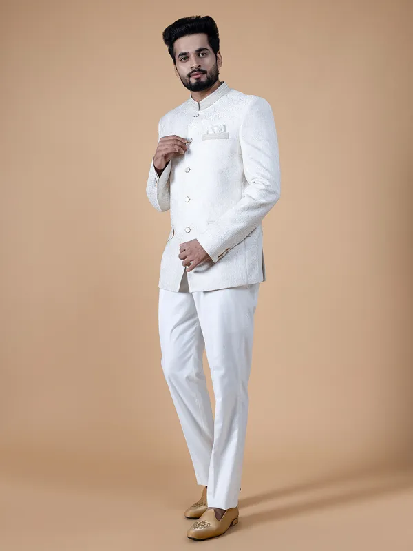 Stylish white terry rayon jodhpuri suit