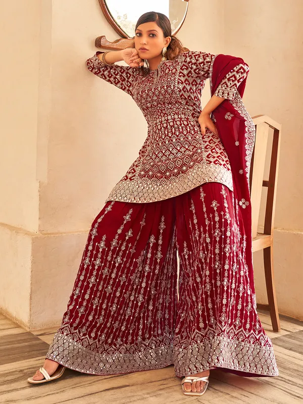 Stylish wine georgette palazzo suit