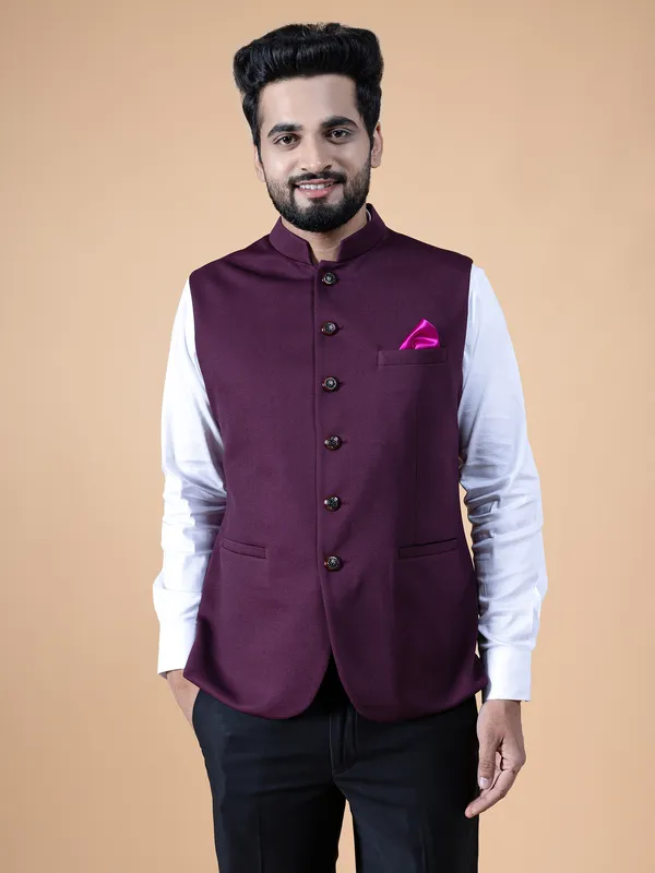 Stylish wine terry rayon waistcoat