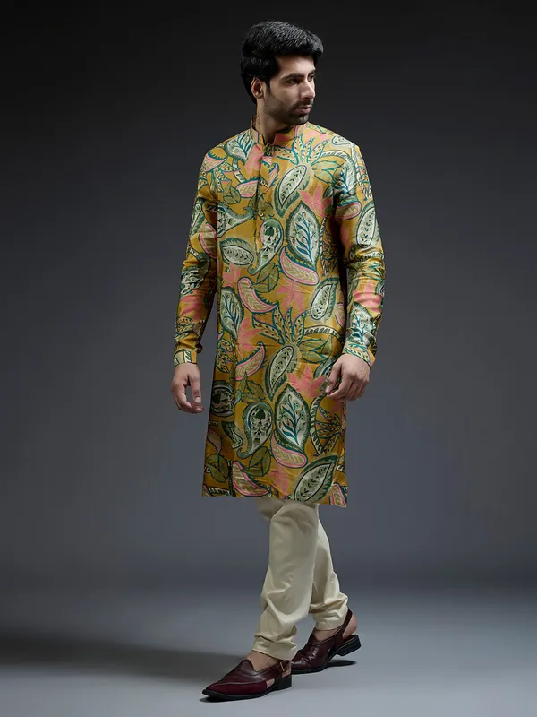 Stylish yellow and green silk tropical printed kurta suit for men
