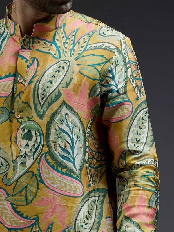 Stylish yellow and green silk tropical printed kurta suit for men