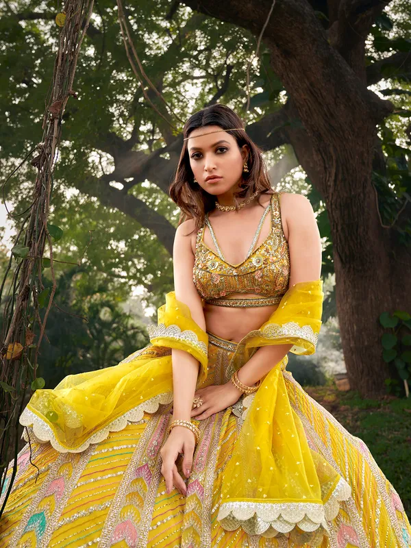 Stylish yellow georgette lehenga choli