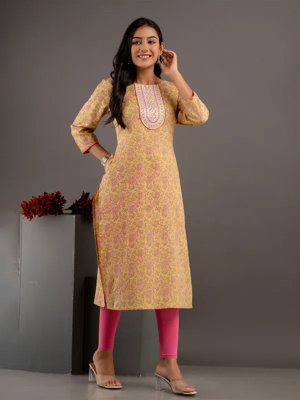 Stylish yellow printed cotton kurti