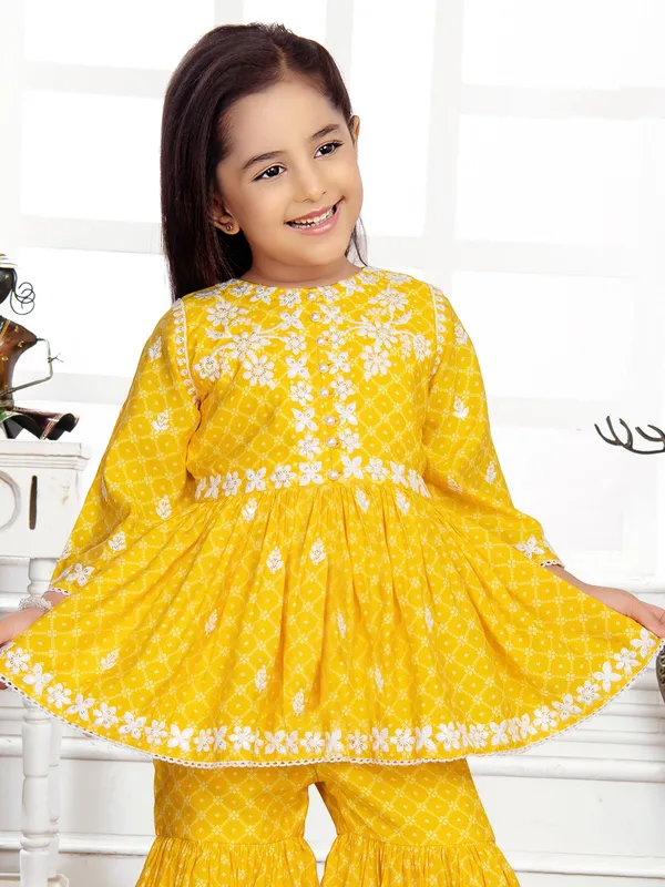 Stylish yellow printed cotton sharara suit