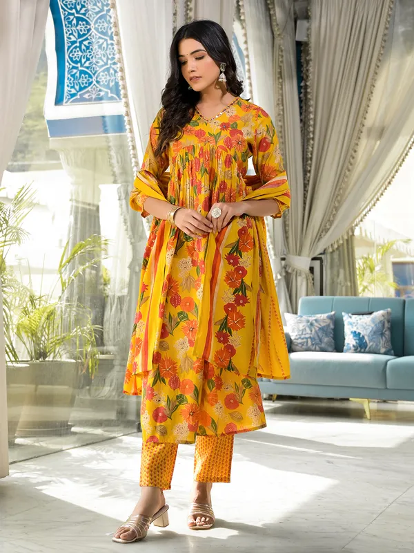 Stylish yellow printed kurti set