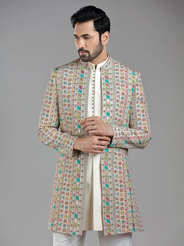 Subtle beige silk jacket style indowestern with designer print