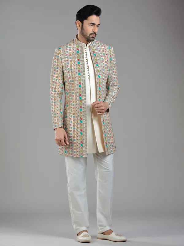 Subtle beige silk jacket style indowestern with designer print