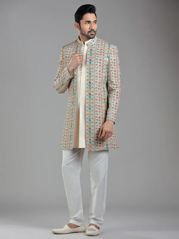 Subtle beige silk jacket style indowestern with designer print