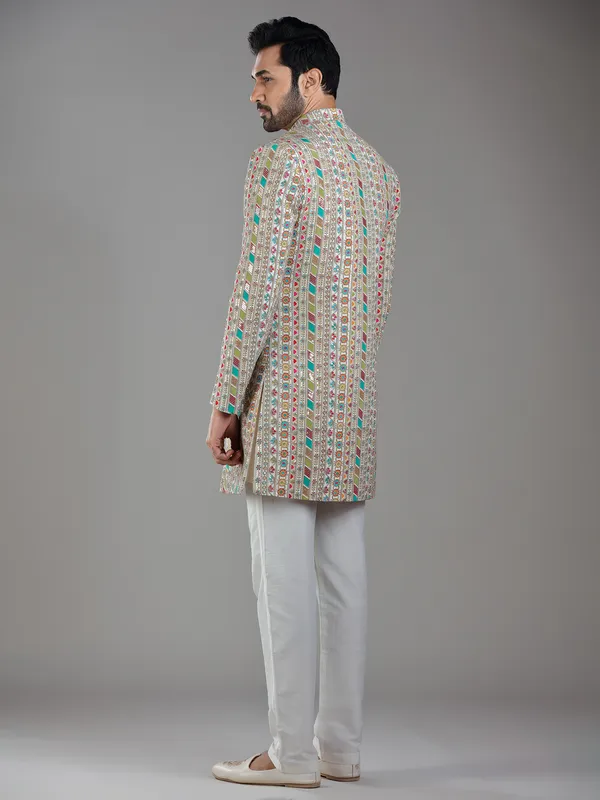 Subtle beige silk jacket style indowestern with designer print