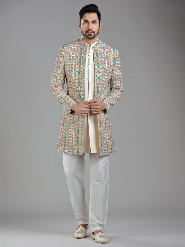 Subtle beige silk jacket style indowestern with designer print