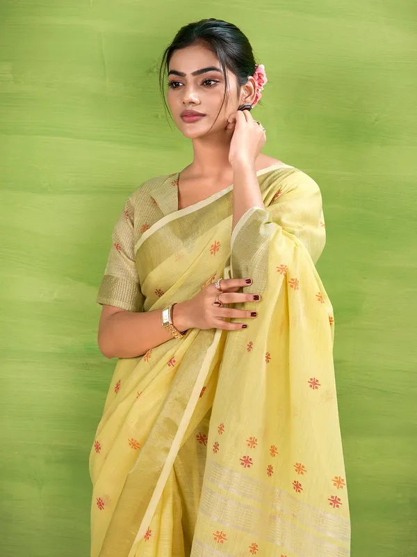 Sunshine yellow linen silk zari saree