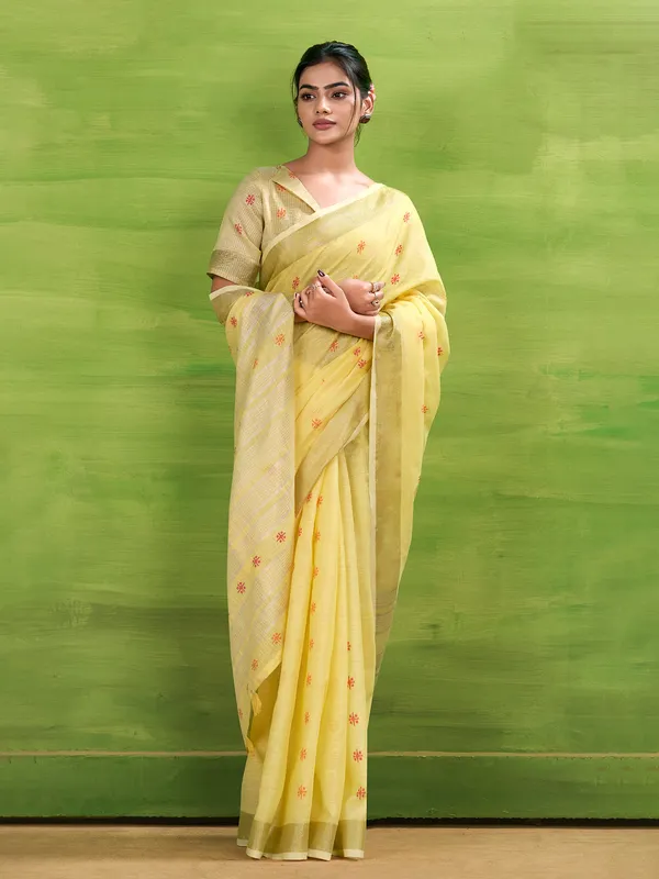 Sunshine yellow linen silk zari saree